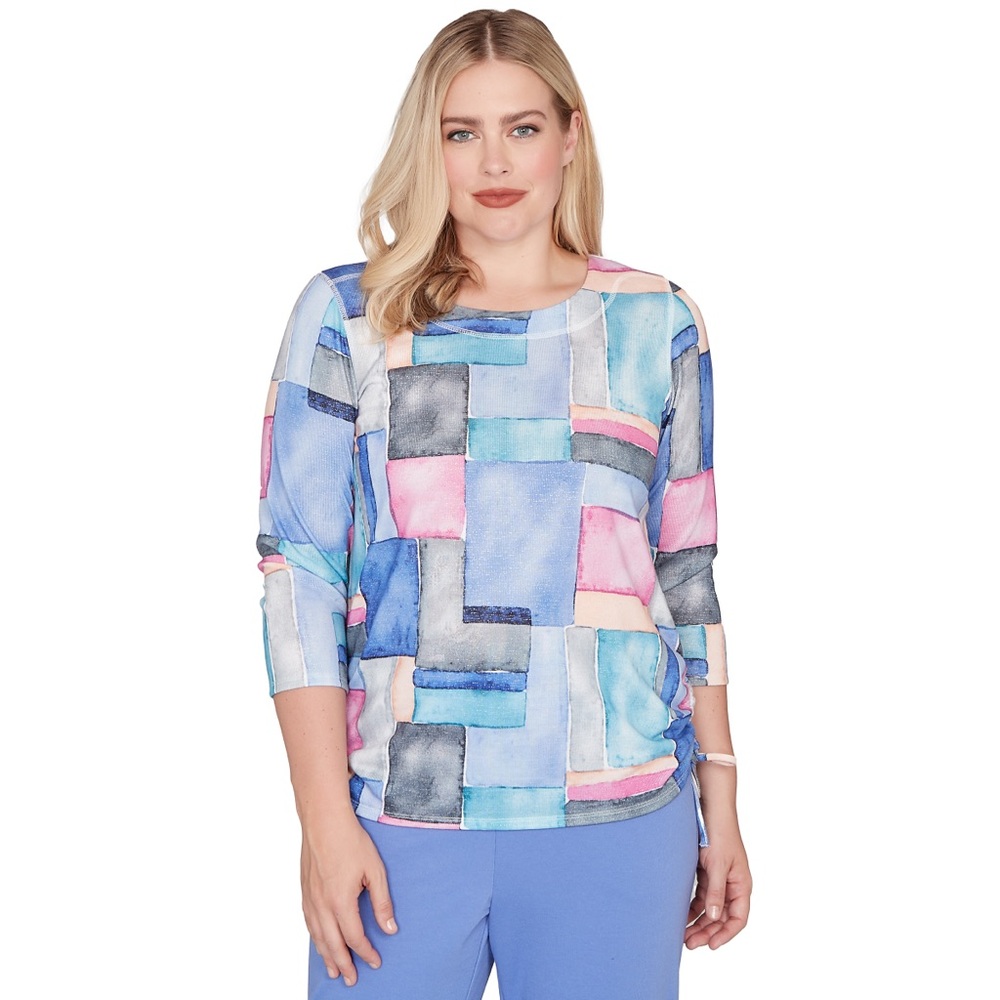 Alfred Dunner Blue and Pink Geometric 3/4 Sleeve Polyester Top